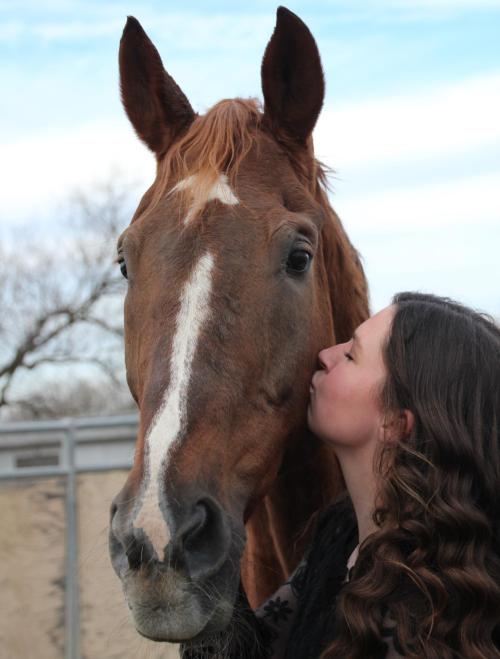 A girl kissing a horse on the cheek